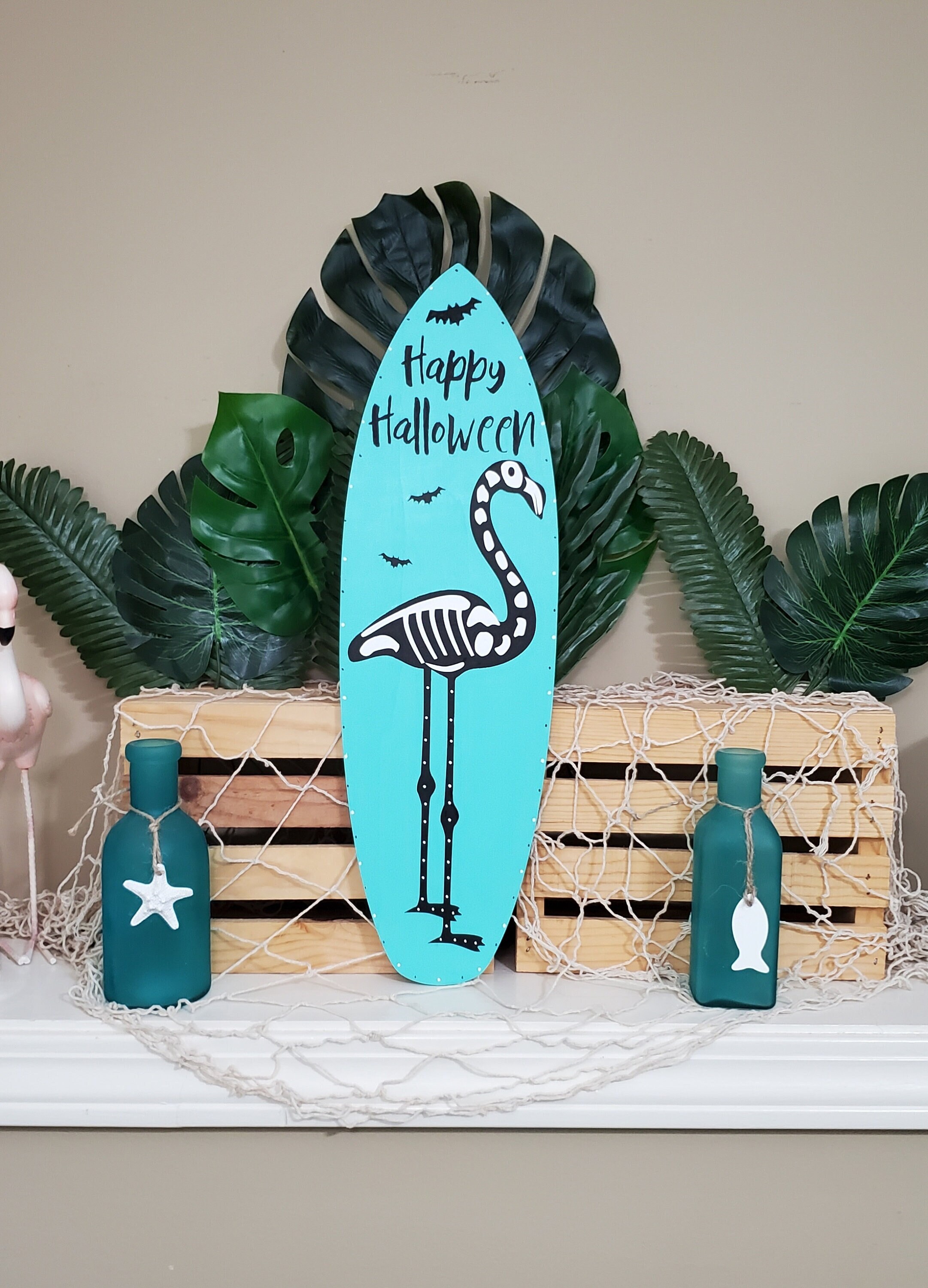 Flamingo Halloween, Skeleton Flamingo, Halloween Sign, Surfboard Wall Hanging, Flamingo Gift, Beach House Decor, Coastal Cottage, Tiki Bar
