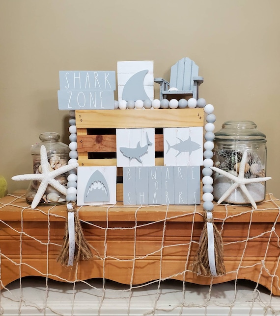 3D Shark Tiered Tray Decor: Coastal Cottage Wood Bead Garland