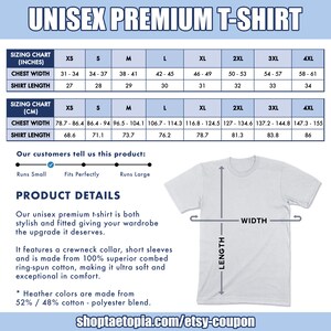 May include: Unisex premium t-shirt sizing chart in inches and centimeters. The chart shows chest width and shirt length measurements for sizes XS to 4XL. The chart also includes a description of the t-shirt, which is made from 100% superior combed ring-spun cotton and features a crewneck collar and short sleeves. The t-shirt is available in heather colors made from a 52% cotton and 48% polyester blend.