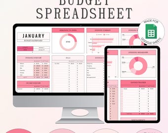 Pode incluir: Uma planilha de orçamento digital exibida em um monitor de computador e tablet. A planilha é rosa e branca, com seções para renda, despesas e economias. O texto inclui "Budget Spreadsheet", "January" e "Made for Google Sheets".