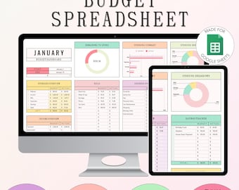 May include: A digital illustration of a computer screen and tablet displaying a budget spreadsheet template for Google Sheets. The template is designed for personal finance tracking and includes sections for income, expenses, bills, savings, and a spending overview. The template is labeled "January" and features a pink, green, and yellow color scheme.