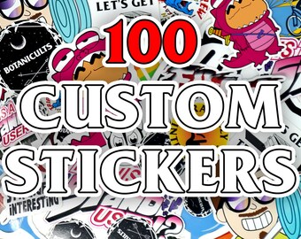 100 custom stickers - vinyl decals cut to any shape.  Not paper Custom image, logo or design printed on waterproof permanent, quality vinyl.