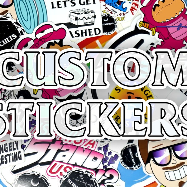 Custom stickers - vinyl decals - custom cut to any shape. Custom image, logo or any design printed on waterproof permanent, quality vinyl.