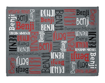 Personalized Name Blanket - Custom Font and Color Options - Grey Black Red