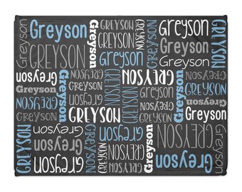 Personalized Name Blanket - Blue & Grey - Custom Font and Color Options - Makes a great baby boy gift!