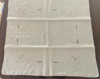 Vintage Tablecloth White with Taupe Designs No Stains Card Table Size 32x35"