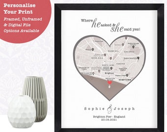 Engagement Map Gift | Engagement Gift | Met Engaged Married | Map Print | Location Engagement | Gift For The Couple, He Asked She Said Yes