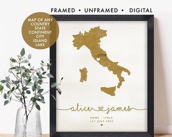 Gepersonaliseerde engagement kaart cadeau, kaart van Italië, engagement locatie print, cadeau voor het paar, papieren huwelijksverjaardag, huwelijkscadeau