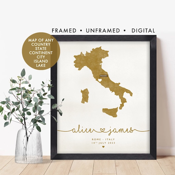 Regalo de mapa de compromiso personalizado, mapa de Italia, impresión de ubicación de compromiso, regalo para la pareja, aniversario de boda de papel, regalo de boda