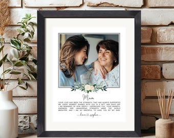 May include: A framed photo with a floral design and a message to a mother. The message reads "Mum, Your love has been the strength that has always supported me. Every moment shared with you is a gift, and each day I am reminded of how deeply I appreciate you. Your warmth, kindness, and unwavering strength make the world brighter, and I am so grateful to have you by my side. Love, Sophie."