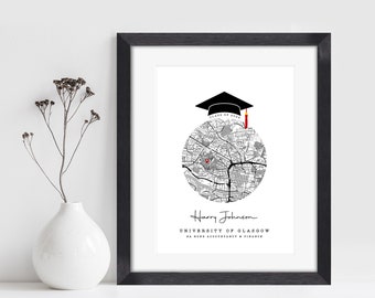 May include: Black and white map of Glasgow, Scotland with a red graduation cap and tassel on top. The text "Harry Johnson" and "University of Glasgow BA Hons Accountancy & Finance" is below the map.