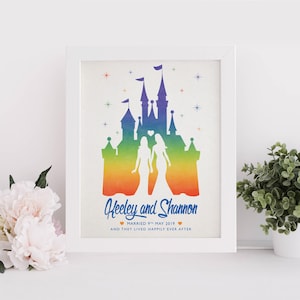 Fairytale Castle Mrs and Mrs Wedding Gift, Personalised Wedding Print, Lesbian Wedding Gift, Wedding Anniversary Gift, Same Sex Wedding