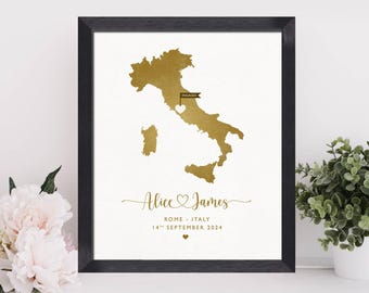 Personalised Engagement Map Gift, Italy Map, Engagement Location Print, Gift For The Couple, Paper Wedding Anniversary, Wedding Gift