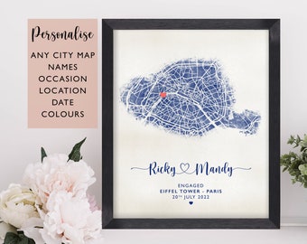 Engagement Gift, Personalised Map Print Of Any Proposal Location, Couples Gift, Any City Print, Engagement Map