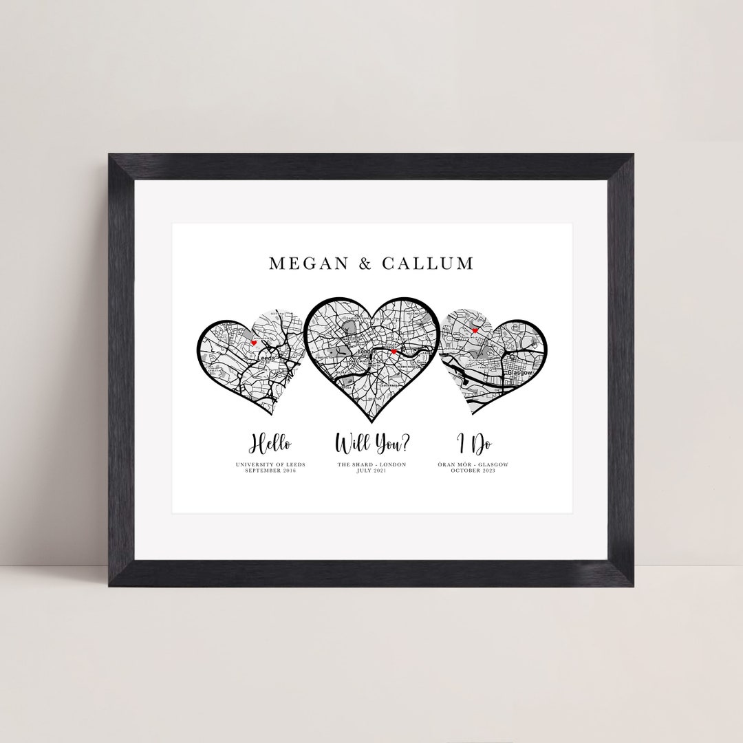 Personalised Couples Anniversary Print - Met Engaged Married | Map Gift ...