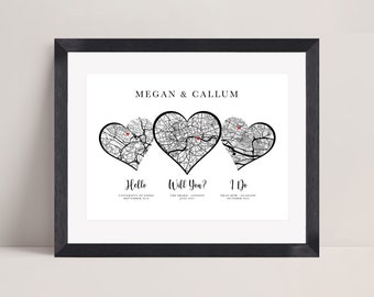 Personalised Couples Anniversary Print - Met Engaged Married | Map Gift for Her Wife Husband Girlfriend | Wedding Gift For The Couple