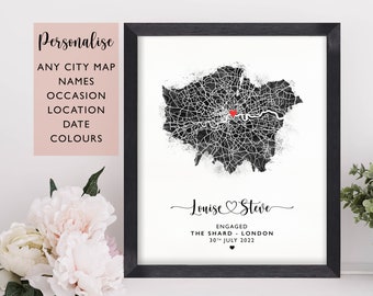 Engagement Gift, Personalised Map Print Of Any Proposal Location, Couples Gift, Any City Print, Engagement Map