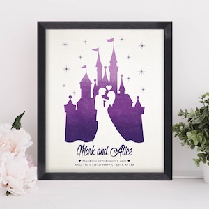 Personalisiertes Märchen-Hochzeitsgeschenk, Märchen-Hochzeitsdruck, Prinzessin Braut, Schloss, Hochzeitstag, Geschenk für das Paar Bild 1