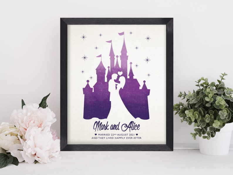 Personalisiertes Märchen-Hochzeitsgeschenk, Märchen-Hochzeitsdruck, Prinzessin Braut, Schloss, Hochzeitstag, Geschenk für das Paar Bild 1