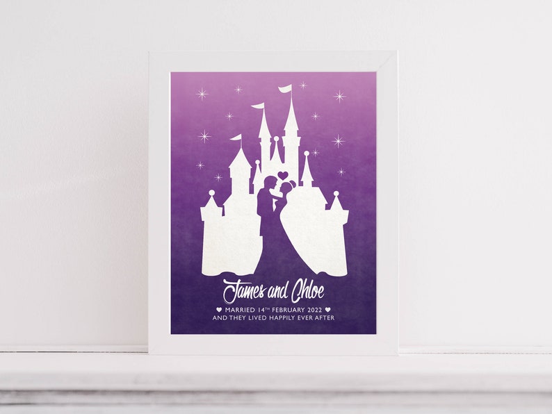 Personalisiertes Märchen-Hochzeitsgeschenk, Märchen-Hochzeitsdruck, Prinzessin Braut, Schloss, Hochzeitstag, Geschenk für das Paar Bild 6