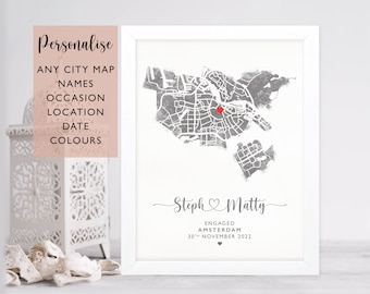 Engagement Gift, Personalised Map Print Of Any Proposal Location, Couples Gift, Any City Print, Engagement Map