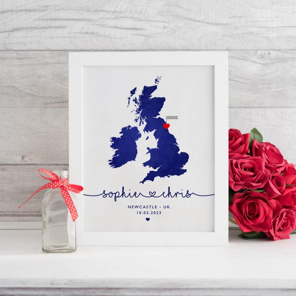 Personalised Engagement Map Gift, UK Map Print, Engagement Location Print, Gift For The Couple, Paper Wedding Anniversary, Wedding Gift