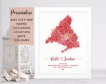 Wedding Gift, Personalised Map Print Of Any Wedding Location, Couples Gift, Any City Print, City Map, Gift For The Couple, Wedding Present