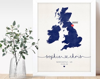 Personalised Engagement Map Gift, UK Map Print, Engagement Location Print, Gift For The Couple, Paper Wedding Anniversary, Wedding Gift