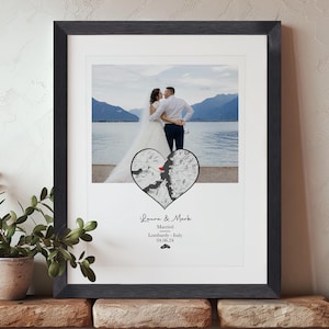 Personalisiertes Hochzeitsfoto Geschenk, Geschenk Landkarte, Geschenk für Paare, Einzigartiges Hochzeitsandenken, Jahrestagsgeschenk, gerahmtes Hochzeitsfoto