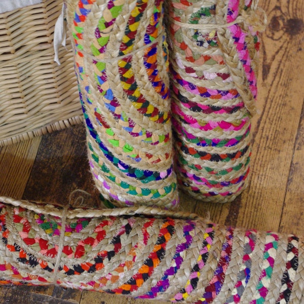 Oval Braided Plaited Jute Recycled Fabric Rag Rug Mat 60 x 90 cm Boho Hippie Traditional Zig Zag Stitching Multi Colour