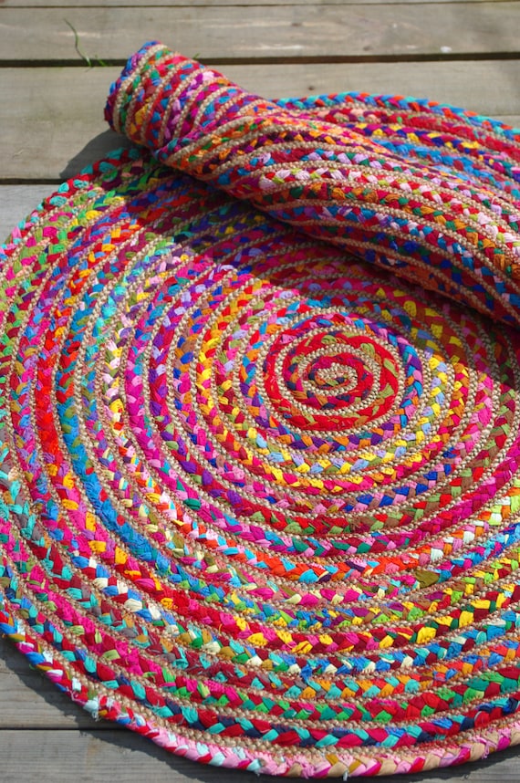 Hand Made ROUND Rainbow Colour Braided COTTON & JUTE Rag Rug