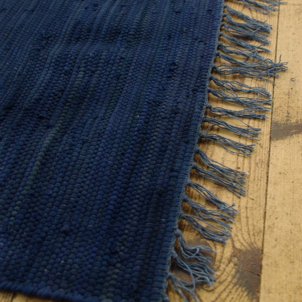 Fab! Hand Made Loom Dark Blue colour COTTON Rag Rug Recycled Boho Scandi Hippy Shabby Chic Traditional Upcycled Rustic 60 x 90cm FUN!