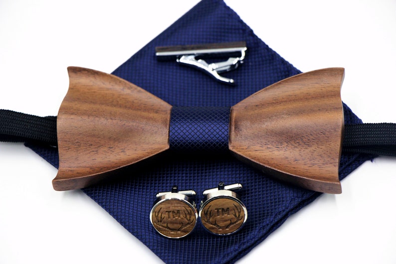 Personalized Wood Bow Tie, Pocket Square, Cufflinks, Wood Tie Clip, Wood Box Best Man Bowtie Wood Bow Tie Set UsherBest Bro Gift