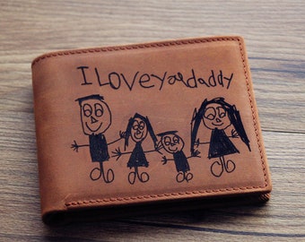Billetera personalizada, Billetera con dibujo infantil, Billetera para papá, Regalo grabado para esposo, Billetera personalizada, Escritura personalizada, Billetera con monograma para hombre