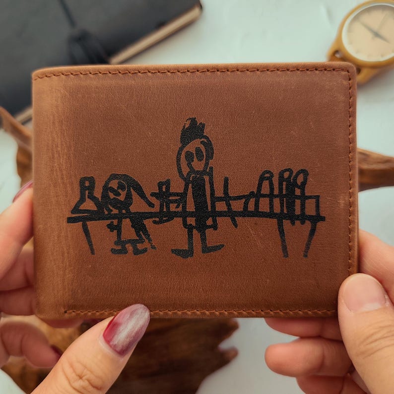 Cartera personalizada para papá, cartera con dibujo infantil, cartera grabada, cartera personalizada, escritura personalizada, cartera monogramada para hombre, regalo único para papá imagen 2