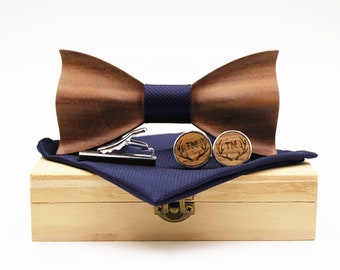 Wood Bow Tie Set (Bow Tie, Pocket Square, Cufflinks, Wood Tie Clip, Wood Box), Personalized Wood, Best Man Bowtie, Usher/Best Bro Gift