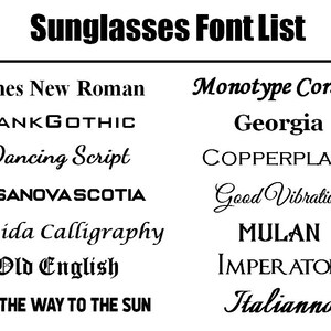 May include: A list of font names in various styles, including Times New Roman, BankGothic, Dancing Script, and more. The text "Sunglasses Font List" is at the top of the image.
