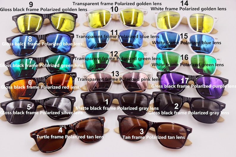 May include: A collection of 17 pairs of sunglasses with different frame and lens colors. The sunglasses are arranged in rows, with the numbers 1 through 17 labeling each pair. The frames are made of plastic, wood, and tortoise shell. The lenses are polarized and come in colors such as gold, blue, green, red, silver, gray, and tan.