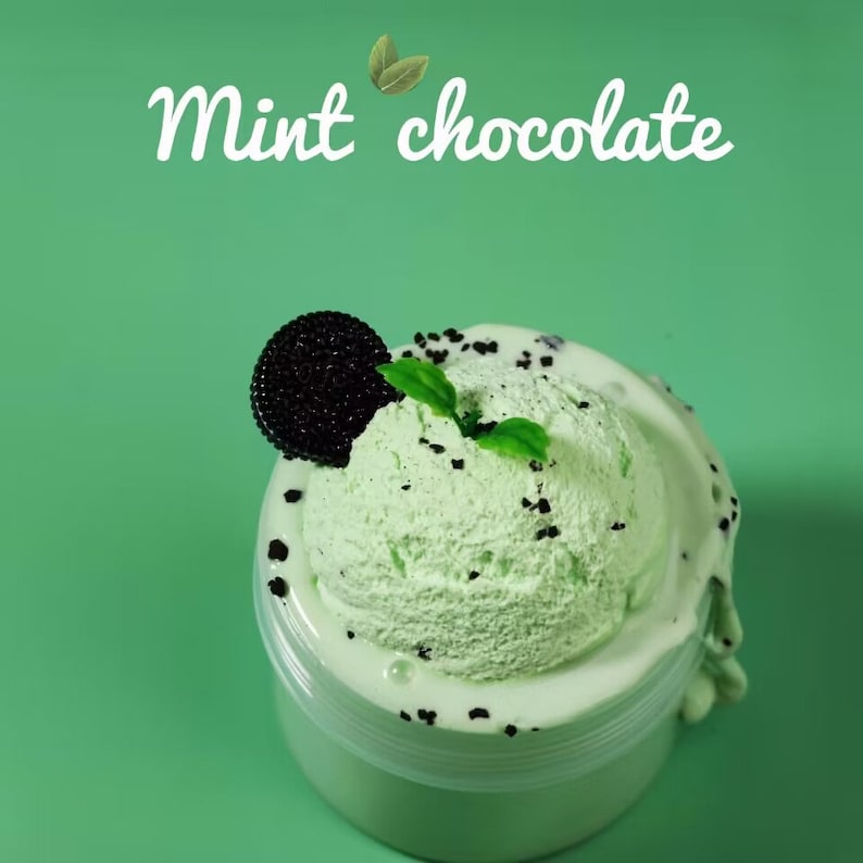 May include: A scoop of mint chocolate ice cream in a clear plastic container. The ice cream is light green with dark chocolate chip sprinkles and a dark chocolate cookie. The words "Mint chocolate" are written in white script above the ice cream.