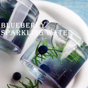 May include: Two clear plastic cups filled with blue liquid, blueberries, and green sprigs, presented on a white plate. The text "BLUEBERRY SPARKLING WATER" is overlaid on the image.