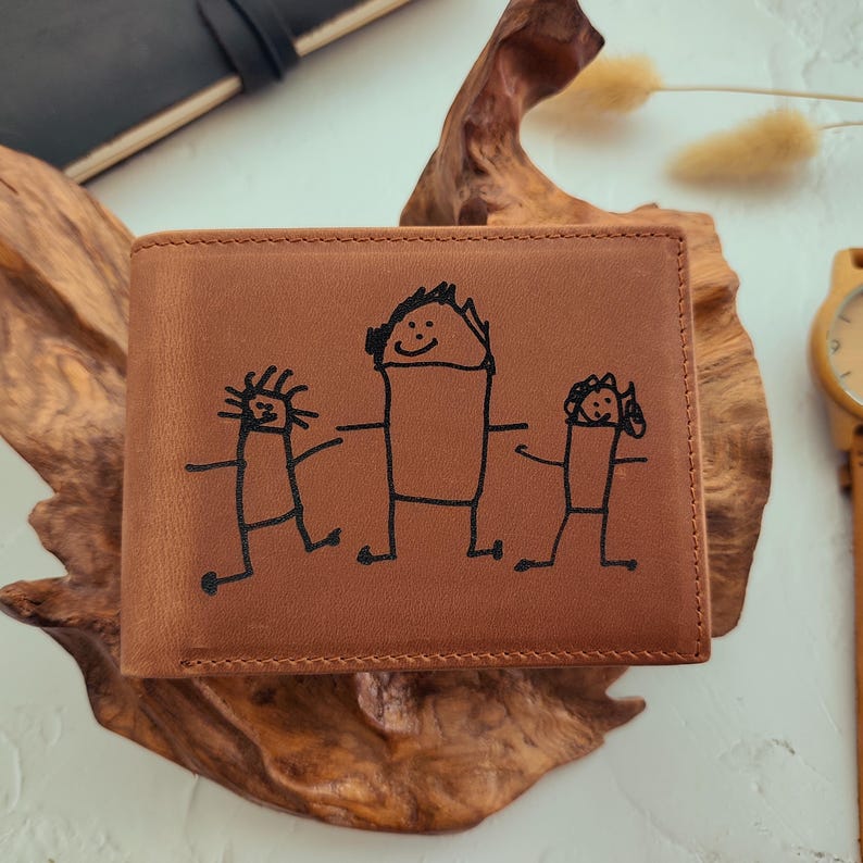 Cartera personalizada para papá, cartera con dibujo infantil, cartera grabada, cartera personalizada, escritura personalizada, cartera monogramada para hombre, regalo único para papá imagen 4