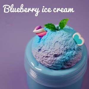 May include: A scoop of blueberry ice cream in a light blue container. The ice cream is a blend of blue and purple hues, topped with a decorative swirl, green leaves, and a blue and white butterfly accent. The text "Blueberry ice cream" is at the top.