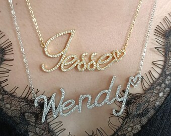 Volledige diamanten naamketting, 18K vergulde naamketting, naamketting bruidsmeisje, gepersonaliseerd verjaardagscadeau voor haar, cadeaus vrijgezellenfeest