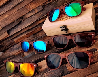 Occhiali da sole personalizzati in legno di noce: set regalo inciso con scatola di legno, regali per la lista dei desideri per l'addio al celibato, regali per lo sposo, occhiali da sole da uomo