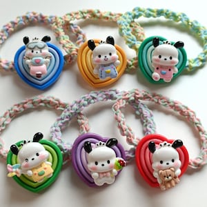 Pochacco Rotating Hair Tie, DIY Bracelet, Cartoon Elastic, Sanrio Scrunchie, Daily Wear, Christmas Gifts for Girls, 6pcs for Whole Set Price