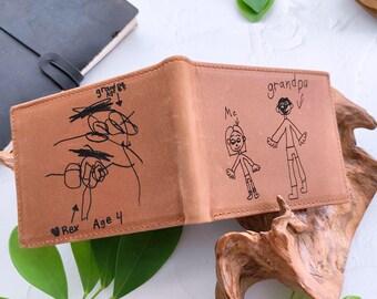 Regalo único para esposo, billetera con dibujo de niño, billetera personalizada para papá, billetera grabada, billetera personalizada, escritura personalizada, billetera para hombre con monograma