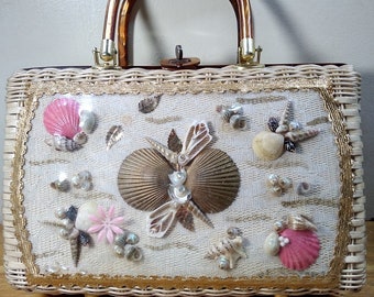 Vintage 50s Tan Wicker Floral Beaded Handbag Atlas Princess Charming Lucite Swirl Bakelite HandlesBasket Tote Bag Sequin Pearls Beads