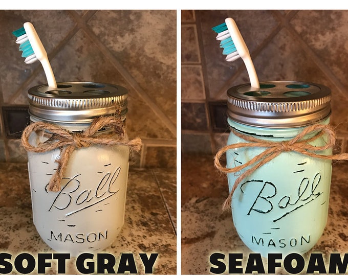 TOOTHBRUSH Holder MASON Jar Bathroom Decor, Pint Ball Jars, Painted Distressed Silver Stainless Steel Gray Blue Turquoise Cream Brown Teal
