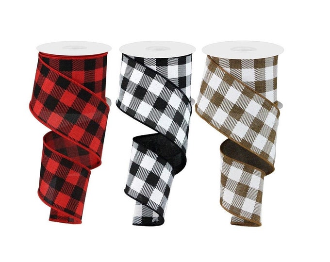 BUFFALO Plaid Check RIBBON roll of Wired 2.5" wide X 10 Yard, Create bows, Checkered, Red, Brown, Black, 1 ROLL