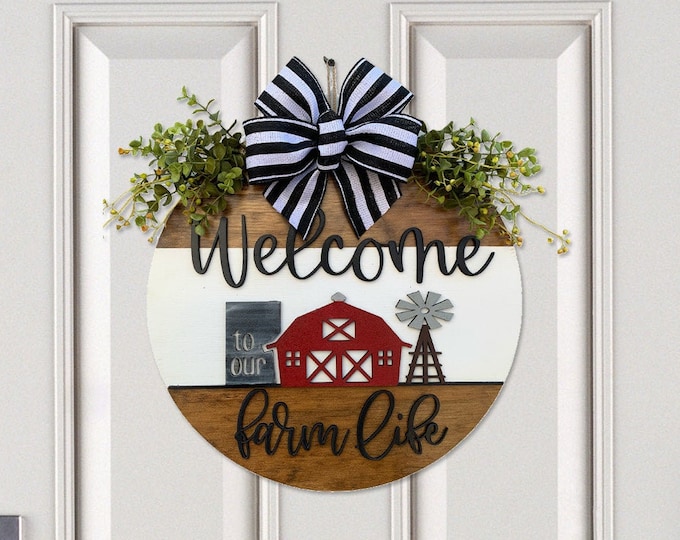 Windmill Wall Decor, WELCOME to our FARM Life Sign Front Door Hanger 16" Round Stripe, 3D Wood Wreath,  Housewarming, Anniversary Gift Dad